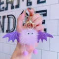 Cute purple bat plush keychain fluffy monster bag charm cartoon key ring pendant accessory - Purple