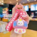 Cute mushroom house rabbit keychain, pink silicone strap bag pendant and car key decoration charm. - Pink