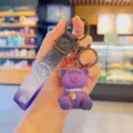 Cute purple bear keychain with gradient strap, metal ring and bell bag charm for daily use. - Purple