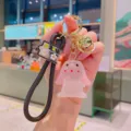 Cute pink rabbit keychain, translucent cartoon bunny bag charm with black silicone strap and bell. - Crystal Rabbit (yd1109) / White