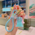 Cute blue rabbit keychain with silicone strap and bell charm for bag and keys decor. - Crystal Rabbit (yd1109) / Blue