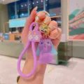 Purple cute rabbit keychain with silicone strap and metal ring for car keys and bags. - Crystal Rabbit (yd1109) / Purple