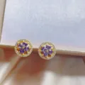 Exquisite gold plated purple cubic zirconia clover stud earrings, main front view display. - Earrings Only / Gold Purple Rhinestone Earrings (ER065)