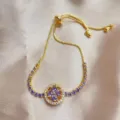 Gold-plated adjustable slider bracelet with purple and clear cubic zirconia stones. - Bracelet Only / Gold Purple Rhinestone Bracelet (SL092)