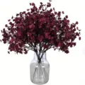 Artificial burgundy plum blossom flower bouquet 5 forks in clear glass vase for home decor. - 14-Wine Red