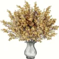 Gold artificial baby's breath plum blossom bouquet with clear glass vase home decor. - 7-Gold