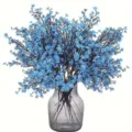 Blue artificial plum blossom bouquet with glass vase for home decor and wedding party. - 8-Sky Blue