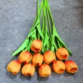 Tulipanes artificiales naranjas, hermoso ramo de flores de seda PU para decoración del hogar. - Naranja