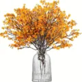 Artificial Yellow Plum Blossom Fake Flowers with Clear Glass Vase for Home Decor - 12 - Sunset Red