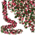 Guirnalda de rosas artificiales con flores rojas y rosas con hojas verdes para bodas fiesta. - Rojo Rosa + Rosa