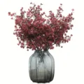 Artificial plum blossom bunch with grey glass vase, ideal for home decor and floral arrangement. - 18 - Autumn Red