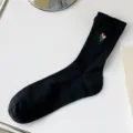 Black mid-calf crew socks featuring cute pink tulip embroidery, soft cotton summer thin variant. - One Size / Black 01