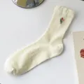 Cream white ribbed mid-tube women socks featuring cute tulip embroidery, cotton soft variant. - One Size / White 02