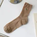 Cute embroidered tulip ribbed mid-tube women socks, stylish Korean version casual khaki socks. - One Size / 03 Dark Khaki