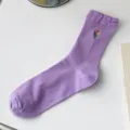 Purple mid-calf socks for women featuring cute tulip embroidery and comfortable ribbed design. - One Size / 05 Purple