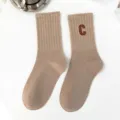 Women solid color ribbed mid-calf socks with cute embroidery letter design for autumn winter. - One Size / Letter C / Light Khaki