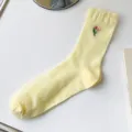 Cute yellow mid-calf socks for women with delicate tulip embroidery. Soft cotton style. - One Size / Goose Yellow