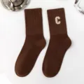 Brown mid-calf socks for women autumn winter knitwear vintage solid color daily hosiery - One Size / Letter C / Coffee