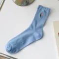 Light blue mid-calf socks with cute tulip embroidery, comfortable ribbed knit daily casual wear - One Size / 08 Light Blue