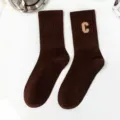 Women brown mid-calf socks with letter C embroidery, retro solid color cozy knit slouch socks. - One Size / Letter C / Dark Coffee