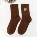 Cozy brown mid-tube knit socks with letter P embroidery, perfect for autumn wear. - One Size / Letter P / Coffee