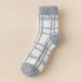 Grey white plaid fuzzy fleece winter socks, thick warm cozy indoor floor socks for women. - One Size / Gray