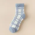 Blue and white plaid fuzzy coral fleece winter thick warm women crew socks for indoor daily use - One Size / Denim Blue