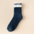 Womens fuzzy cozy coral fleece winter mid-calf socks with blue body and white striped cuff - One Size / 02 Dark Blue