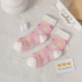 Pink fuzzy mid-calf socks for women, warm coral fleece winter floor socks with cute hearts. - One Size / Pink Heart