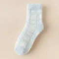 Women winter thick fluffy coral fleece socks, blue white plaid warm cozy sleep floor socks - One Size / Light Blue
