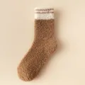 Women winter warm coral fleece striped mid-calf socks, brown fuzzy cozy floor sock variant - One Size / 03 Dark Khaki