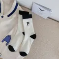 Thickened contrast color mid-tube socks with embroidered letter P for women winter warm - One Size / 03 Embroidered Letter P