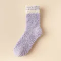 Women fuzzy coral fleece striped mid-tube socks, thick warm winter purple socks. - One Size / 04 Purple