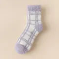 Purple white plaid fuzzy coral fleece women warm thick winter floor socks single item - One Size / Purple