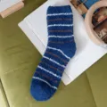 Thick coral fleece cozy sleep socks for men, blue with striped pattern, warm winter floor socks. - One Size / 04 Navy Blue