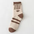 Thick winter women crew socks cute bear knit comfortable warm casual fashion hosiery - One Size / 02 Khaki Two-Stripe Bear Paw Prints