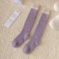 Lila flauschige Korallenfleece Wadenstrümpfe für Damen, gemütliche Wintersocken gestreift. - Einheitsgröße / 04 Lila