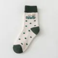 Womens green polka dot knit crew socks, casual cute cotton socks with flower pattern. - One Size / 01 Cream with Green Dots
