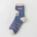 Women's autumn winter thick terry mid-calf socks cute cartoon bear casual warm cotton socks - One Size / 03 Denim Blue Three-Stripe Heart Bear