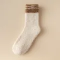 Women autumn winter warm coral fleece fuzzy striped mid-calf socks thick plush floor socks - One Size / Beige White
