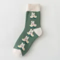 Green women terry socks with cute white bunny pattern, soft cotton crew socks for autumn. - One Size / 04 Dark Green Style