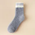 Women winter grey coral fleece cozy crew socks with white stripes, thick fuzzy floor socks. - One Size / 10 Dark Gray