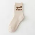 Cute beige winter women mid-tube socks with brown bone pattern, thick cotton warm casual socks - One Size / Khaki