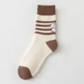 Women's off-white and brown striped short crew socks featuring cute floral embroidery design. - One Size / 06 Cream Four Stripes
