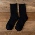 Solid color thick fleece-lined mid-tube socks for women winter warm thermal black cotton socks - One Size / Black 01