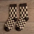 Women's checkered wool mid-tube socks, thick warm winter knit hosiery in milk coffee color. - One Size / 01 Checkerboard Style