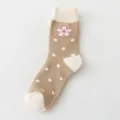 Khaki polka dot mid-calf socks featuring a cute cherry blossom knit pattern and ribbed cuffs. - One Size / 10 Dark Khaki Polka Dot Style