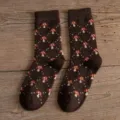 Cozy brown wool blend mid-calf socks featuring charming vintage red mushroom knit patterns. - One Size / 02 Dotted Diamond Mini Mushroom