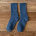 Blue solid thick winter thermal crew socks for women, cozy fleece-lined warm cotton socks. - One Size / 03 Denim Blue