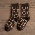Brown wool mid-tube women socks with retro checkerboard flower pattern for winter. - One Size / 03 Plaid & Floral Style